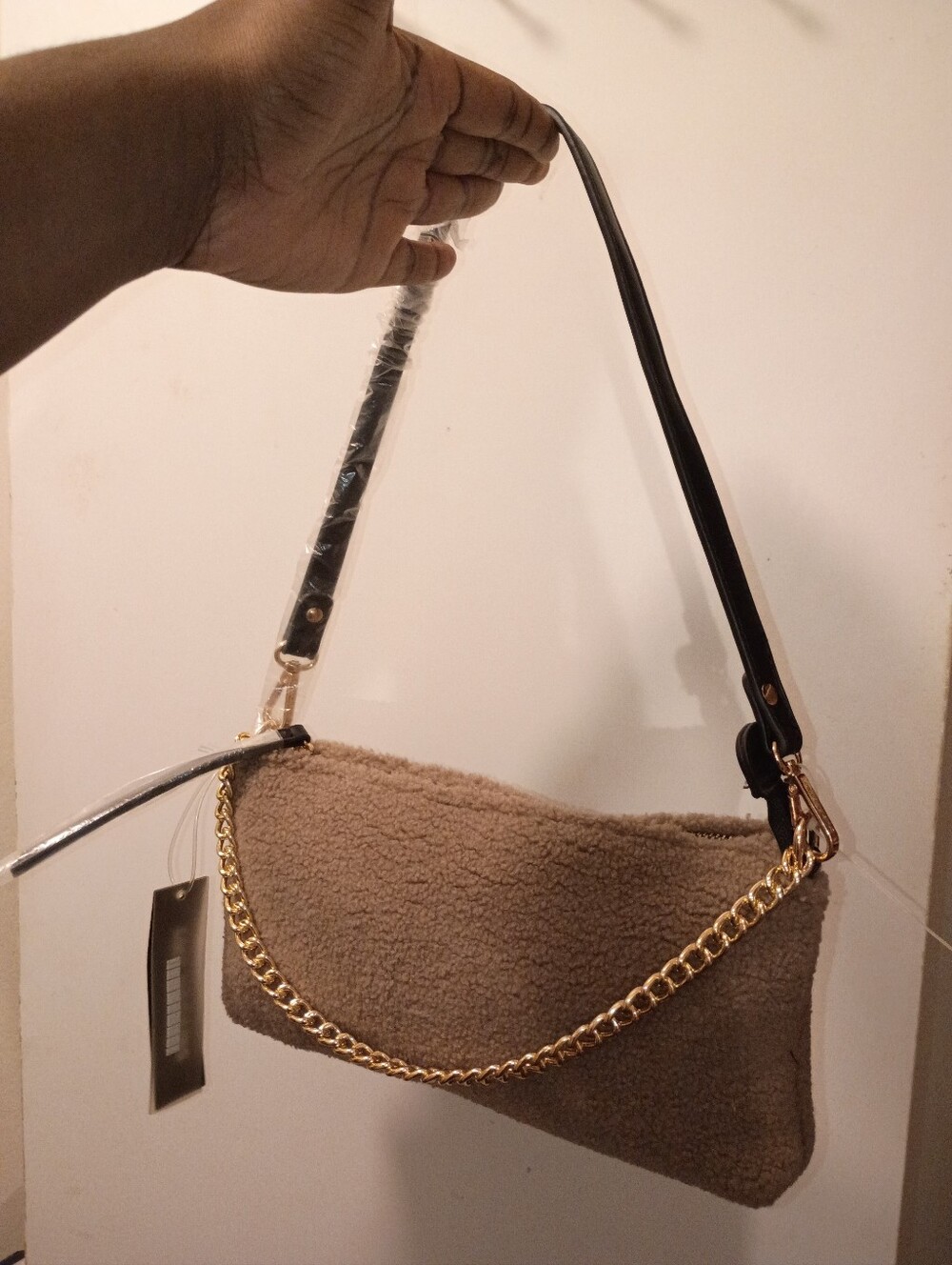 Light Brown Synthetic Wool Material Handbag Purse